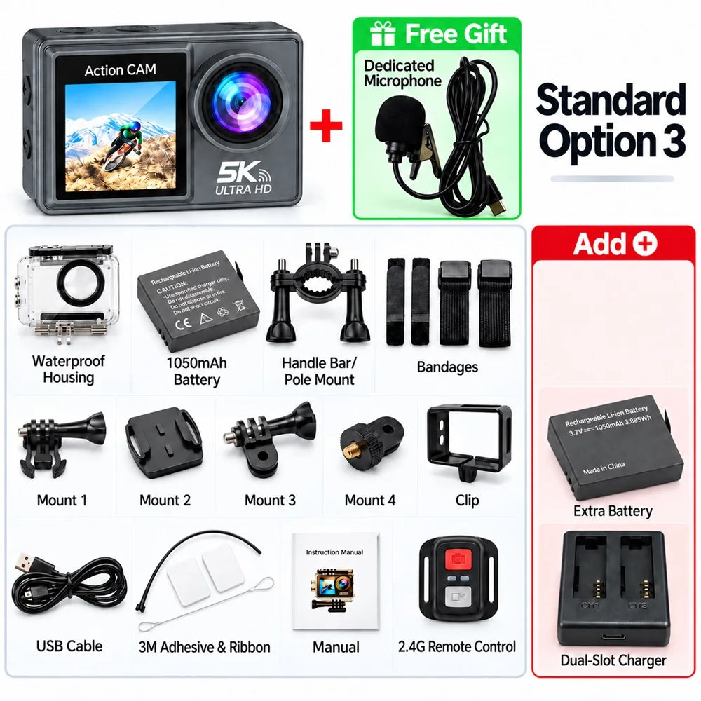 TrailCam 5K Action Camera | Dual Screen Waterproof Sports Camera