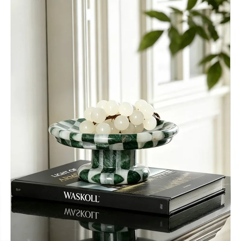 Checkerboard Stone Pedestal Plate | Handmade Marble Serving Stand