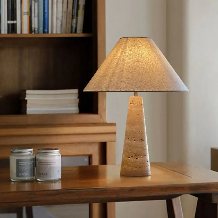 Sable Travertine Table Lamp | Stone Base Lamp with Linen Shade