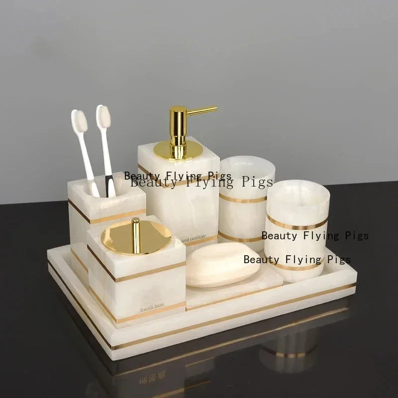 Alabaster Gold Bathroom Collection | White Marble & Gold Vanity Accessories