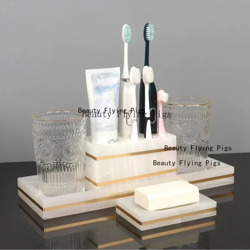 Alabaster Gold Bathroom Collection | White Marble & Gold Vanity Accessories