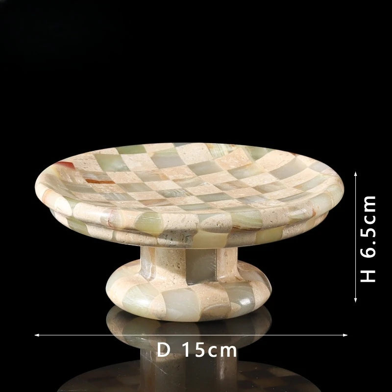 Checkerboard Stone Pedestal Plate | Handmade Marble Serving Stand