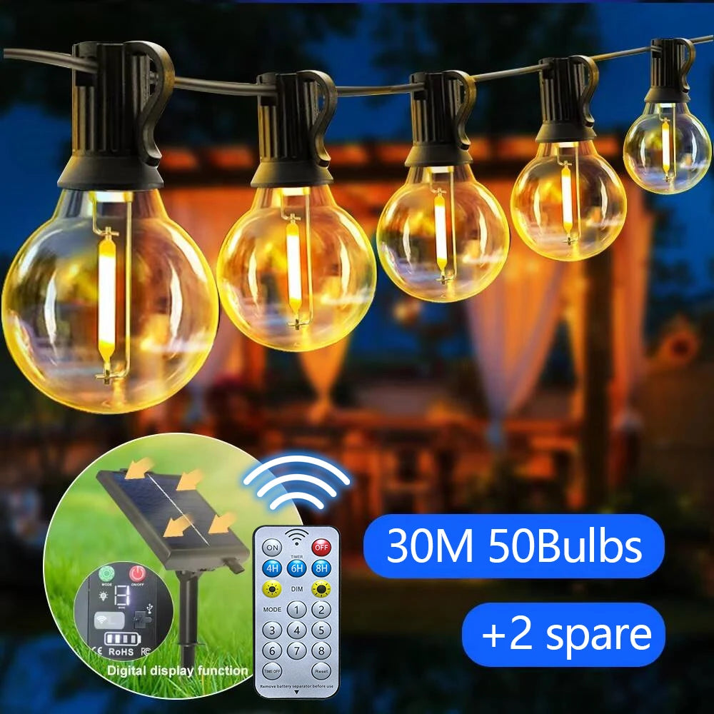 Glow Solar Festoon String Lights | G40 Shatterproof Patio Lights with Remote