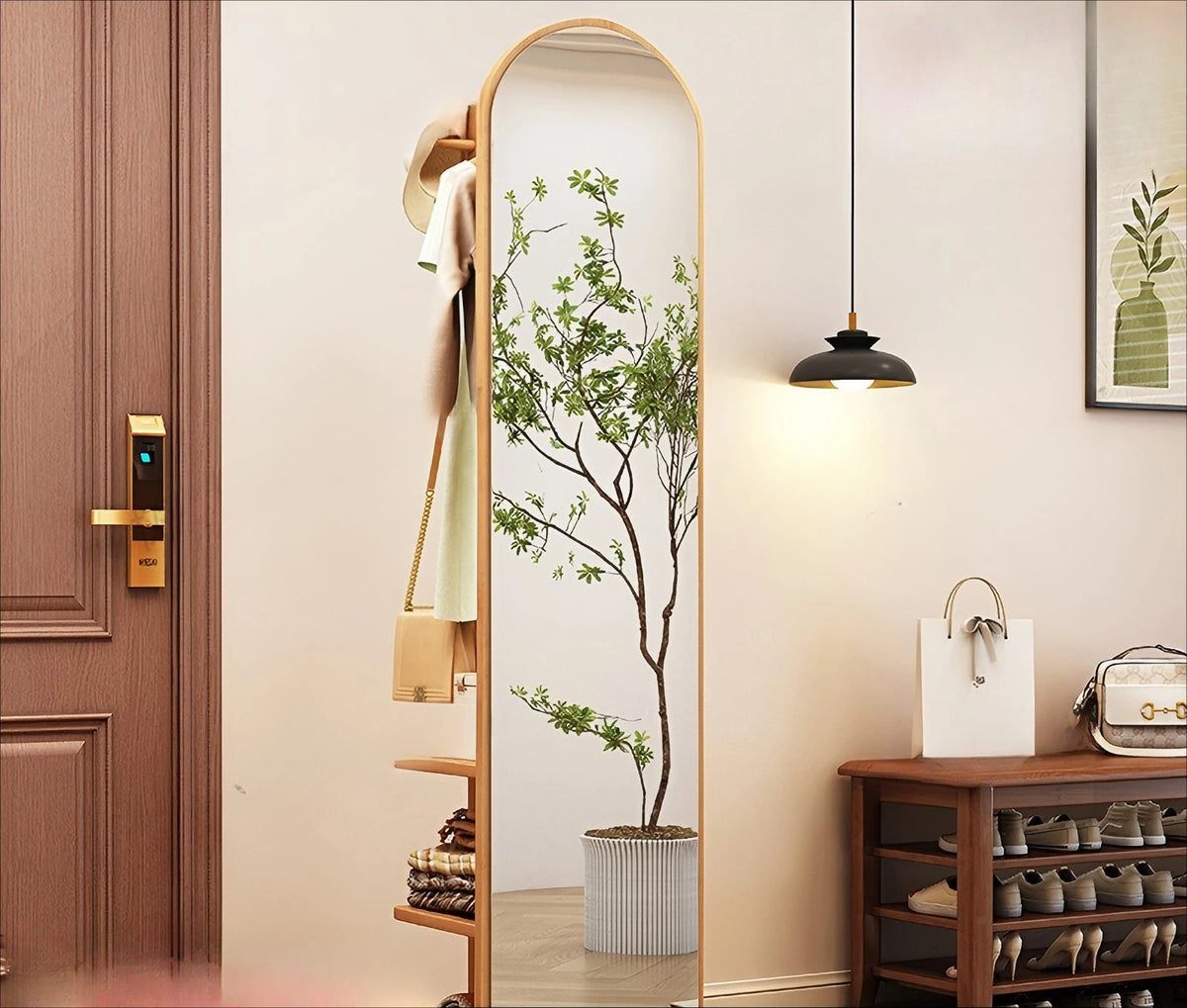 Oakline 360° Standing Mirror | Solid Wood Rotating Mirror with Hooks & Shelf