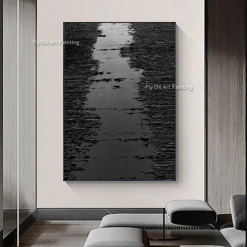 Noir Textured Abstract Painting | Hand-Painted Black & Grey Canvas