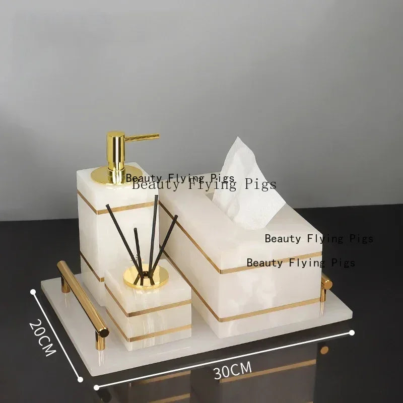 Alabaster Gold Bathroom Collection | White Marble & Gold Vanity Accessories