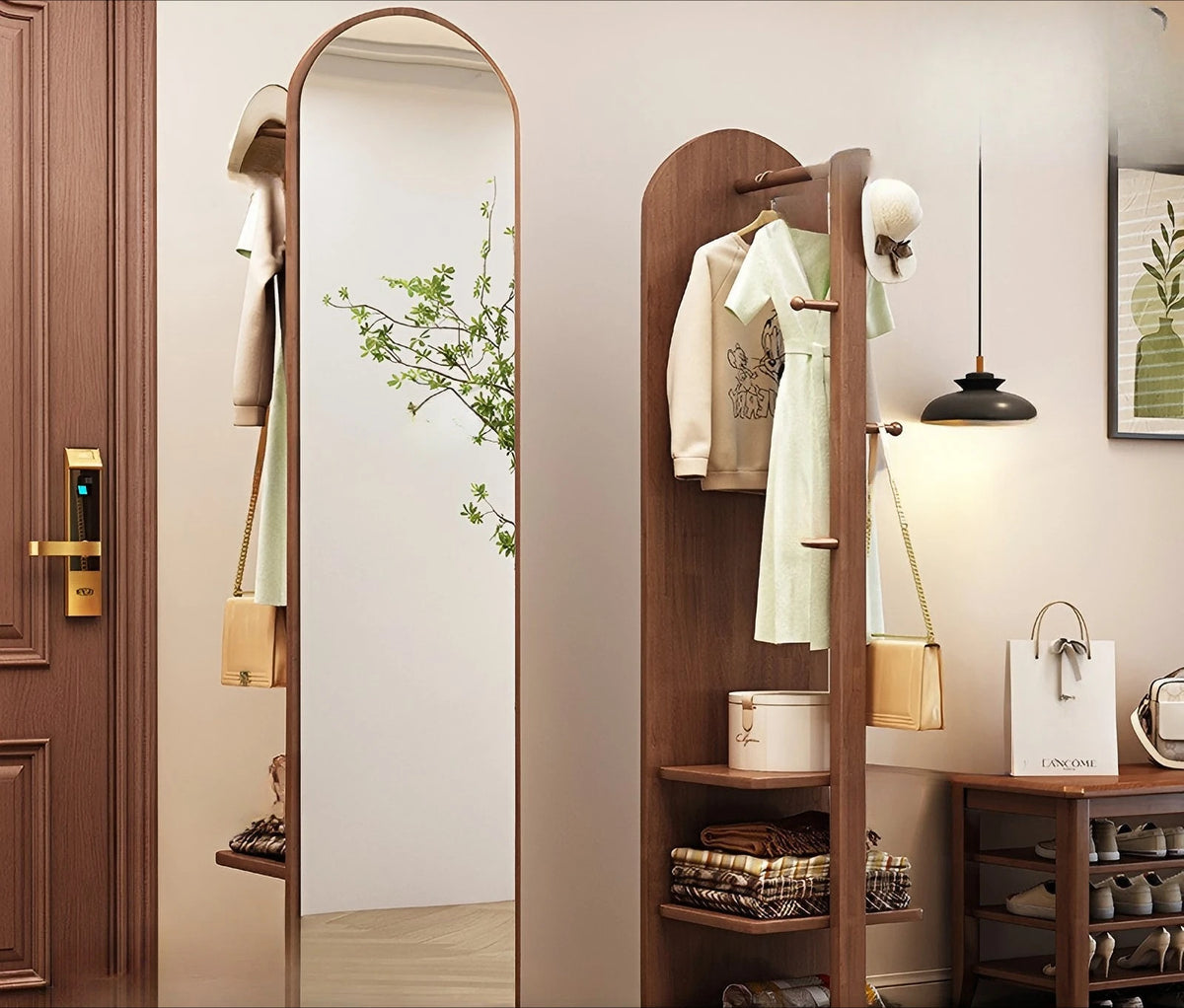 Oakline 360° Standing Mirror | Solid Wood Rotating Mirror with Hooks & Shelf