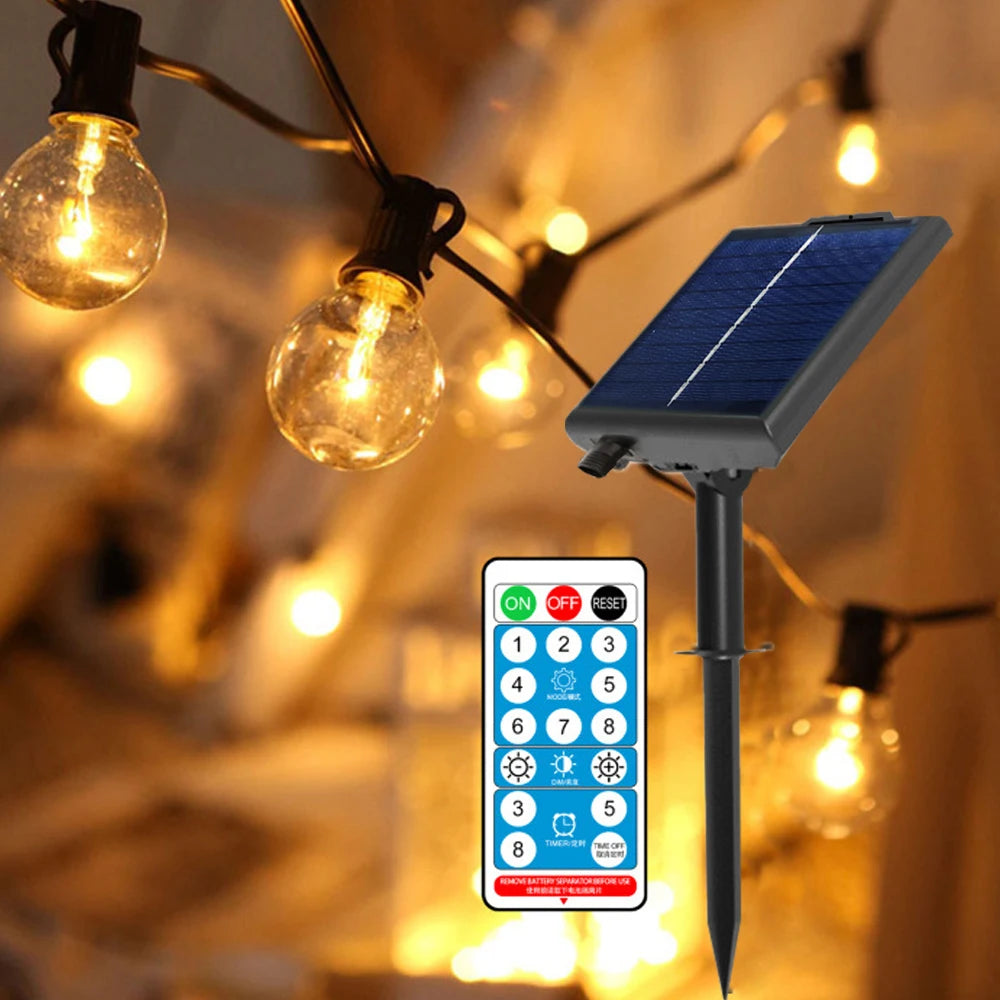 Glow Solar Festoon String Lights | G40 Shatterproof Patio Lights with Remote
