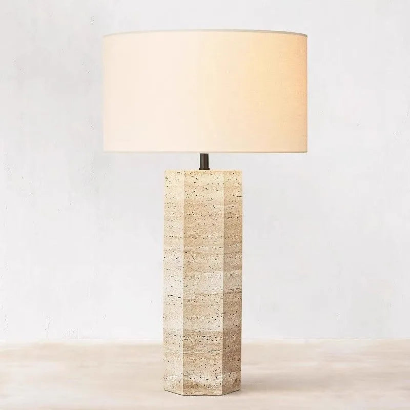 Sable Travertine Table Lamp | Stone Base Lamp with Linen Shade