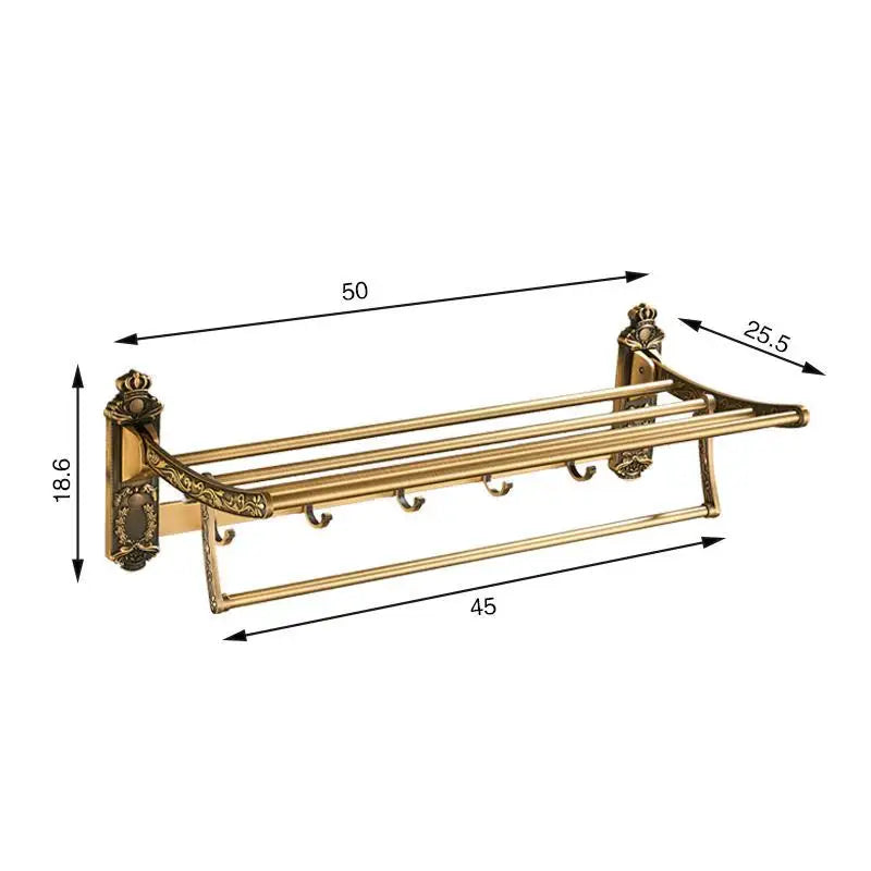 Heritage Folding Towel Shelf | Antique Brass Towel Rack with Hooks