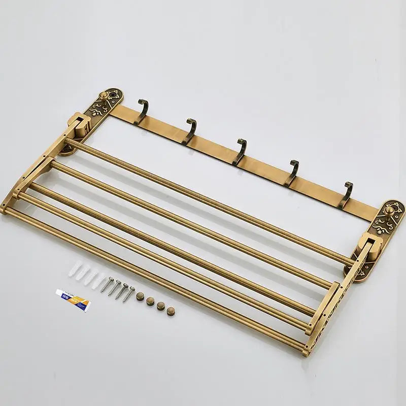 Heritage Folding Towel Shelf | Antique Brass Towel Rack with Hooks