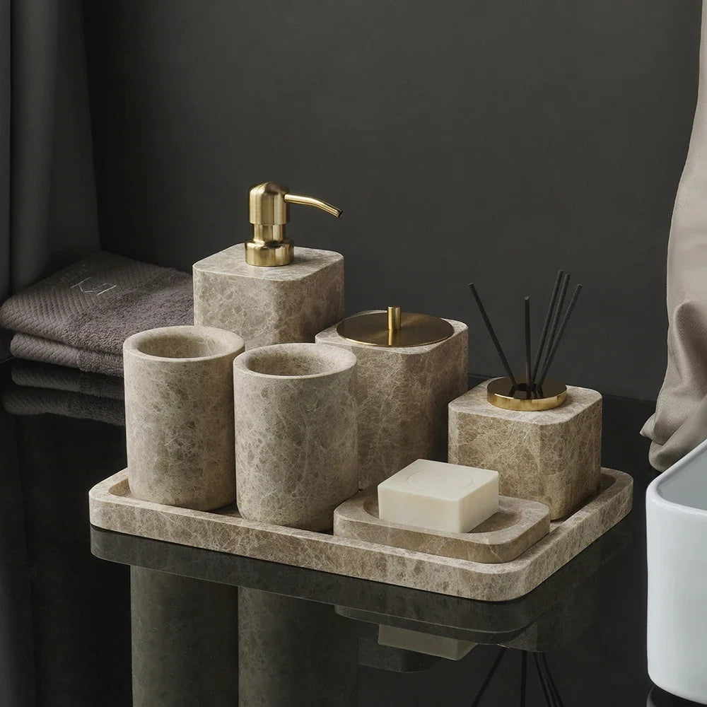Emperador Marble Bathroom Collection | Natural Stone Vanity Accessories