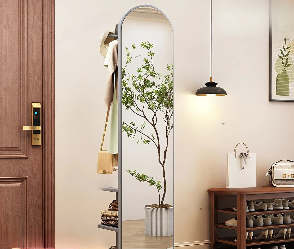 Oakline 360° Standing Mirror | Solid Wood Rotating Mirror with Hooks & Shelf