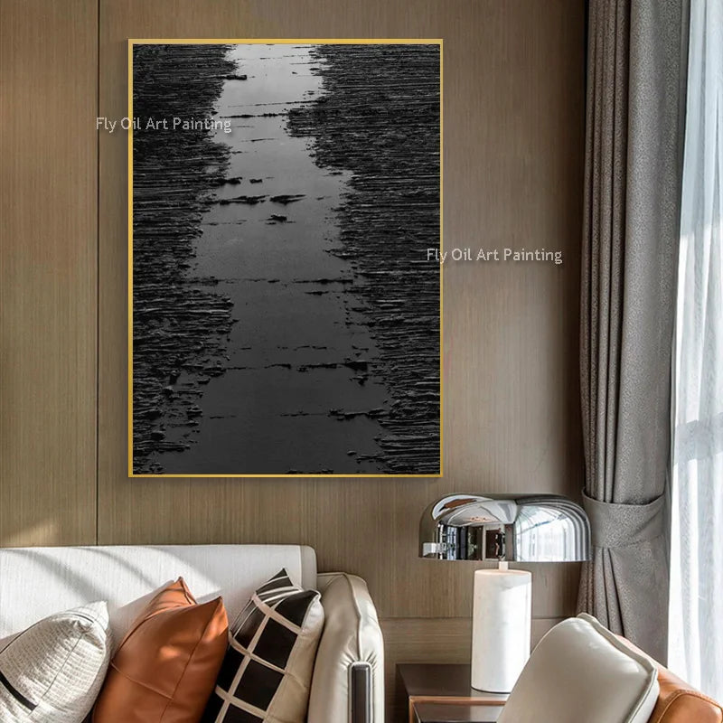 Noir Textured Abstract Painting | Hand-Painted Black & Grey Canvas