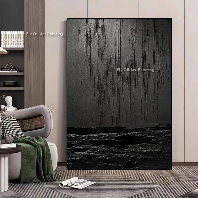Noir Textured Abstract Painting | Hand-Painted Black & Grey Canvas