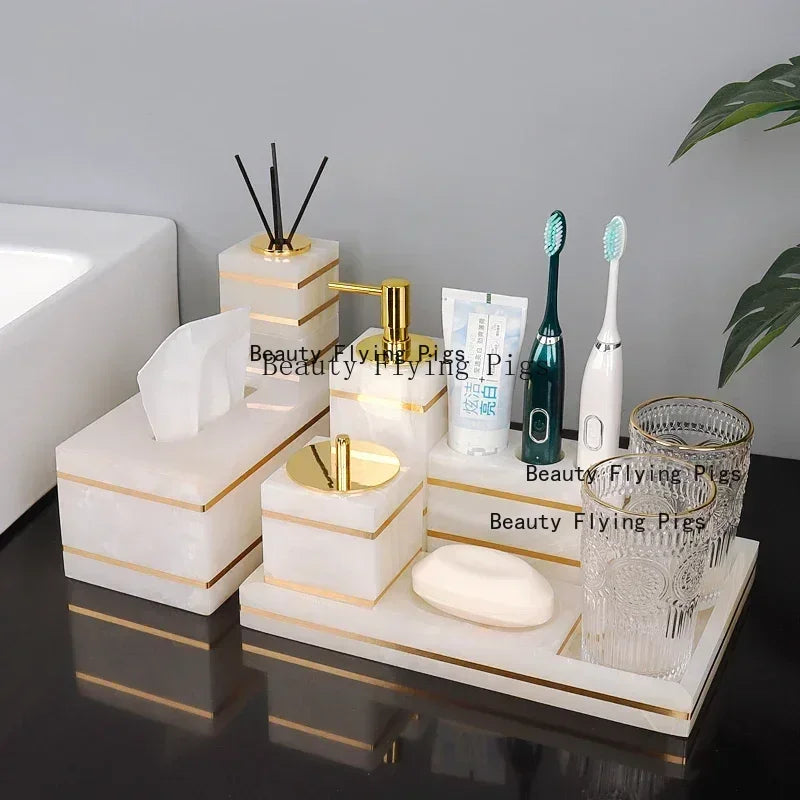 Alabaster Gold Bathroom Collection | White Marble & Gold Vanity Accessories