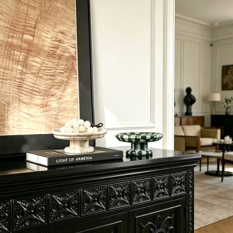 Checkerboard Stone Pedestal Plate | Handmade Marble Serving Stand
