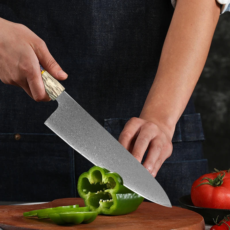 Forged Damascus Chef Knife | Patterned Steel Kitchen Knife with Wood Handle
