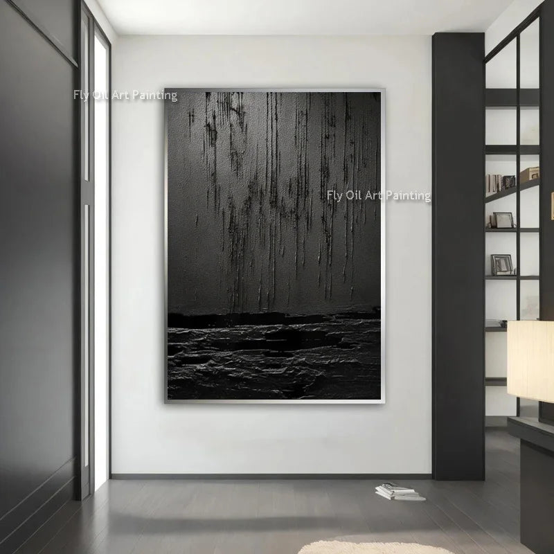 Noir Textured Abstract Painting | Hand-Painted Black & Grey Canvas