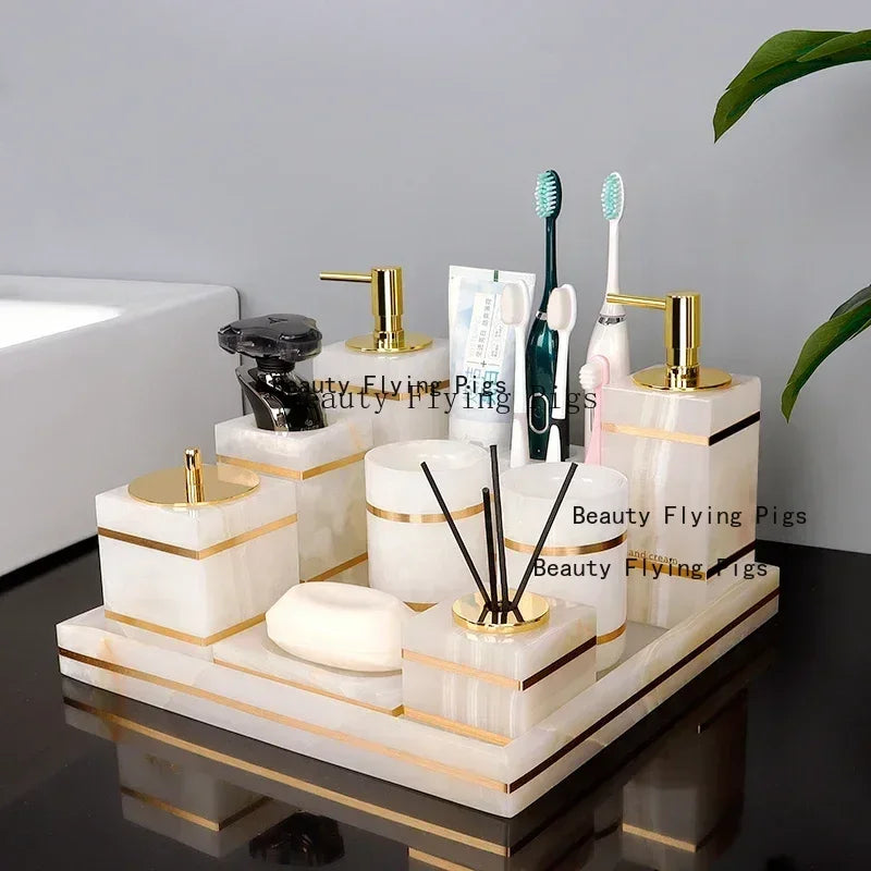Alabaster Gold Bathroom Collection | White Marble & Gold Vanity Accessories