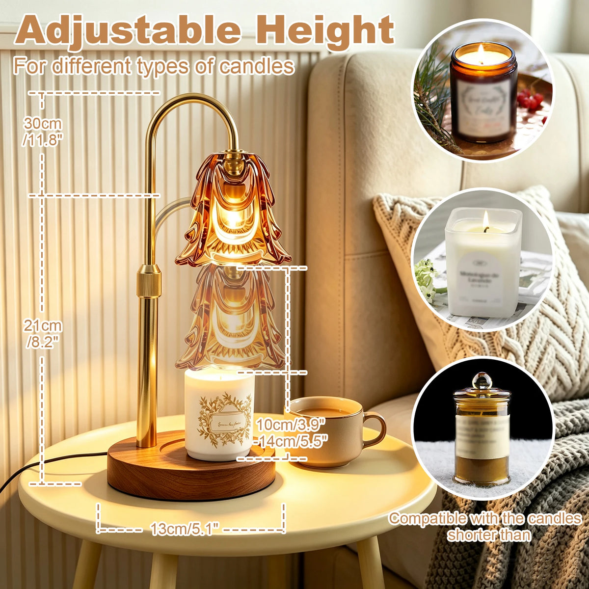 Lumière Candle Warmer Lamp | Gold Adjustable Height Candle Lamp with Timer