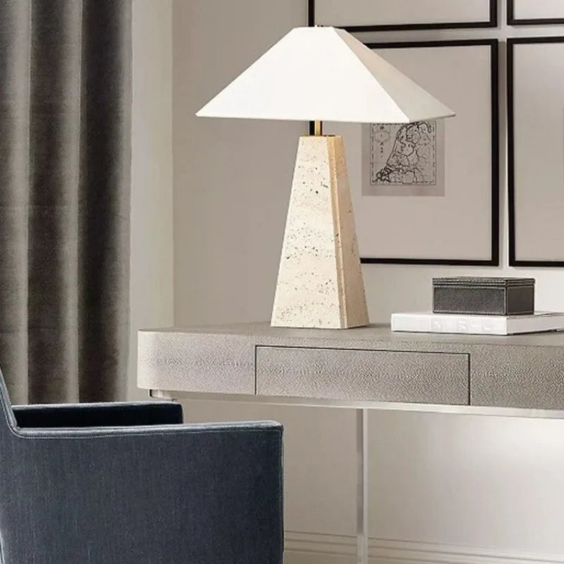 Sable Travertine Table Lamp | Stone Base Lamp with Linen Shade