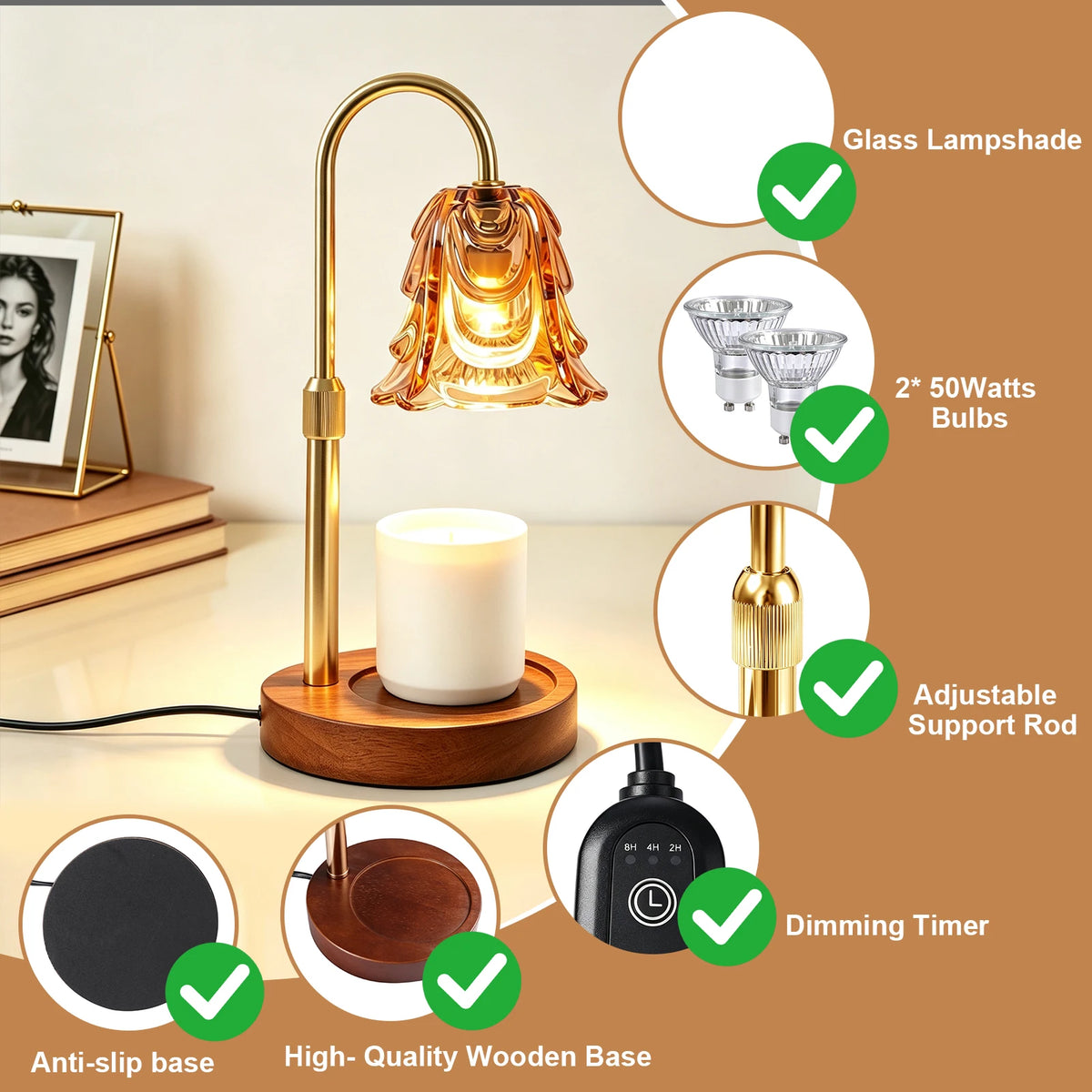 Lumière Candle Warmer Lamp | Gold Adjustable Height Candle Lamp with Timer