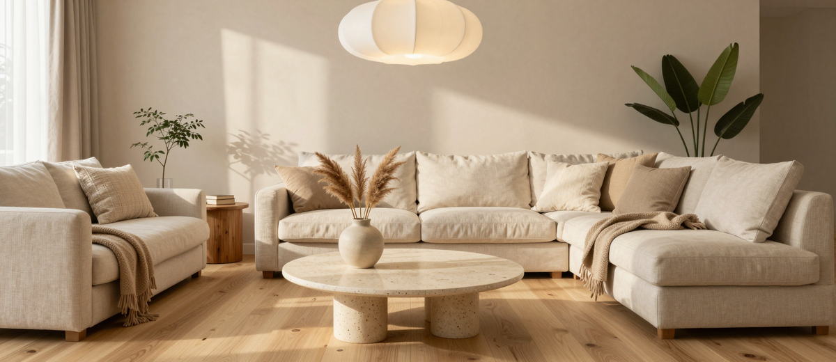 Calm modern living room with soft pendant lighting